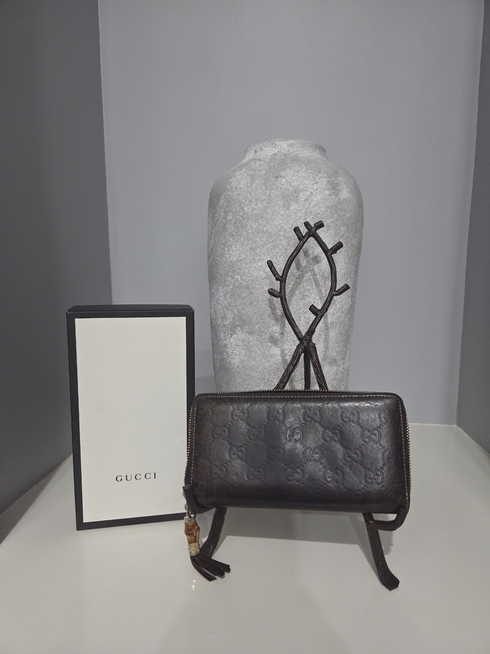 Gucci Women's Dark Brown Monogram Leather Zip Wallet with Box / COA INCLUDED